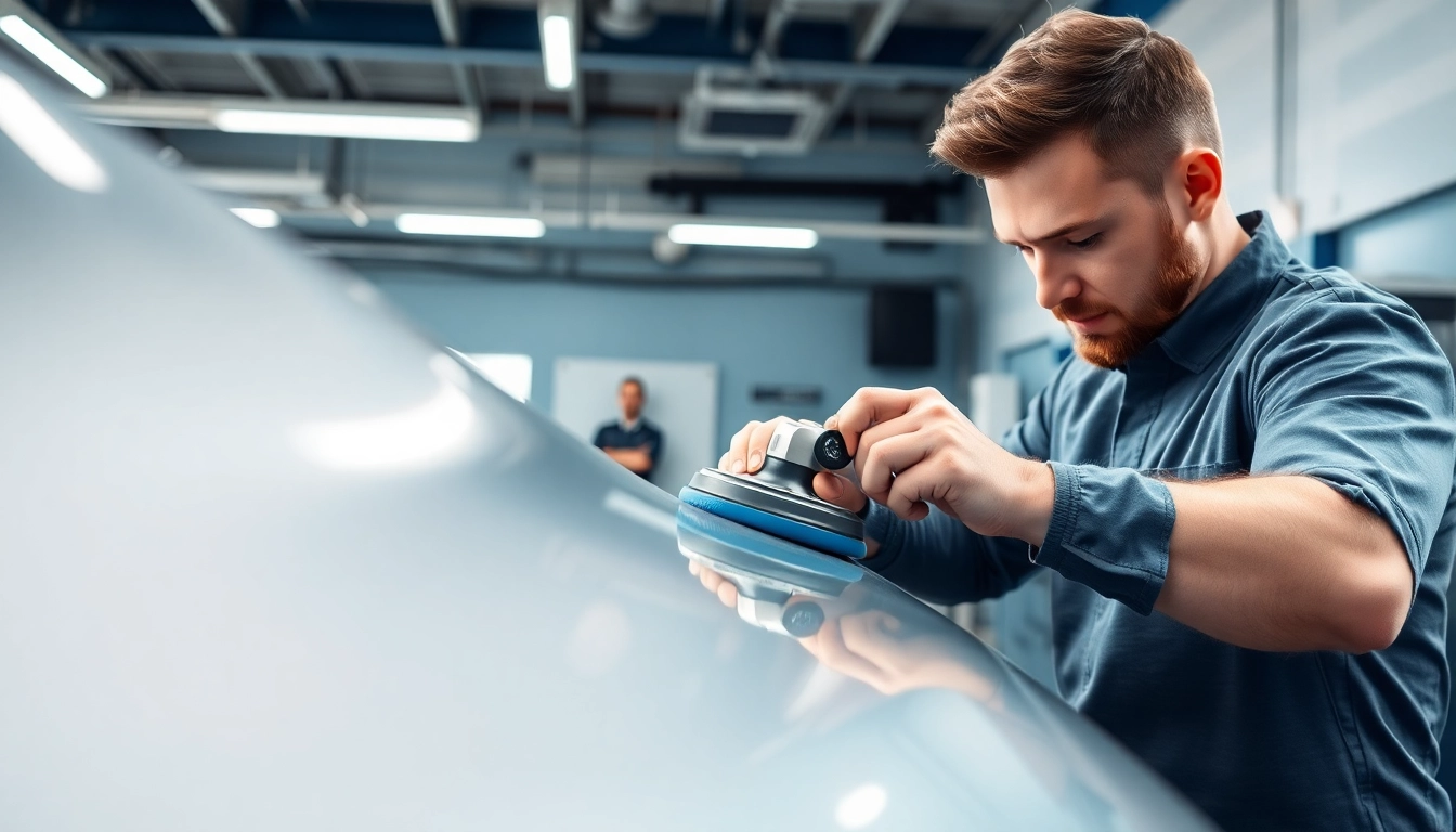 Fahrzeugaufbereitung in einer modernen Werkstatt, wo Techniker ein Auto detailliert polieren.