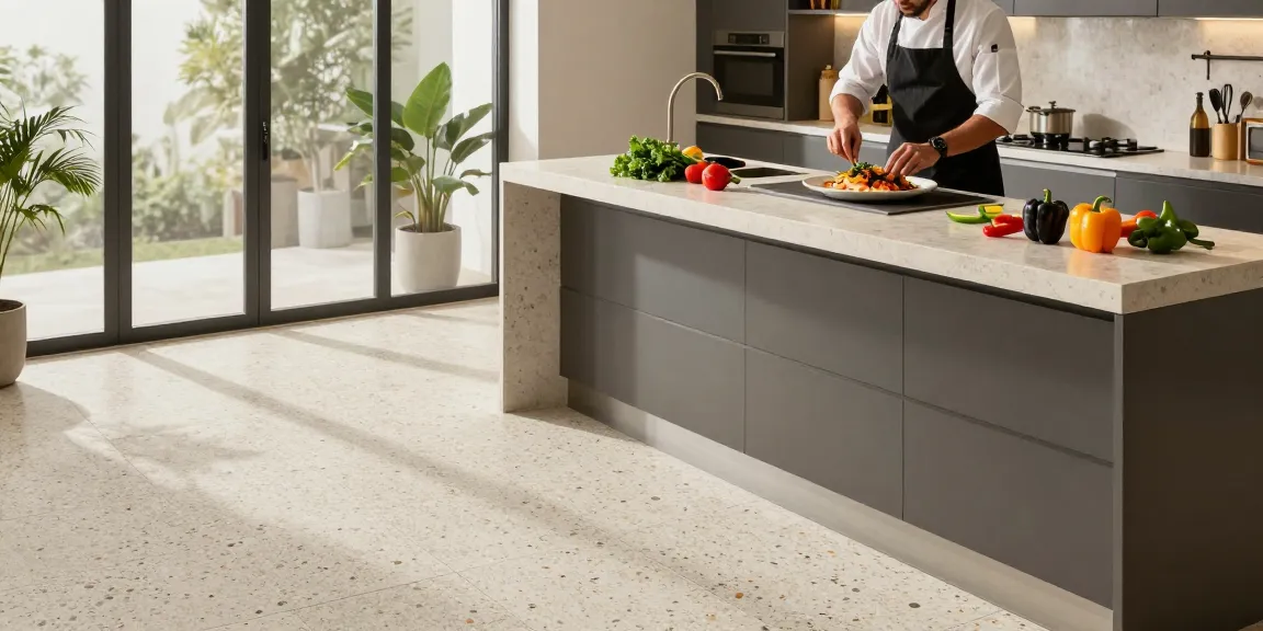 Levende keuken scène met terrazzo tegels vloer, verse ingrediënten en natuurlijk licht.