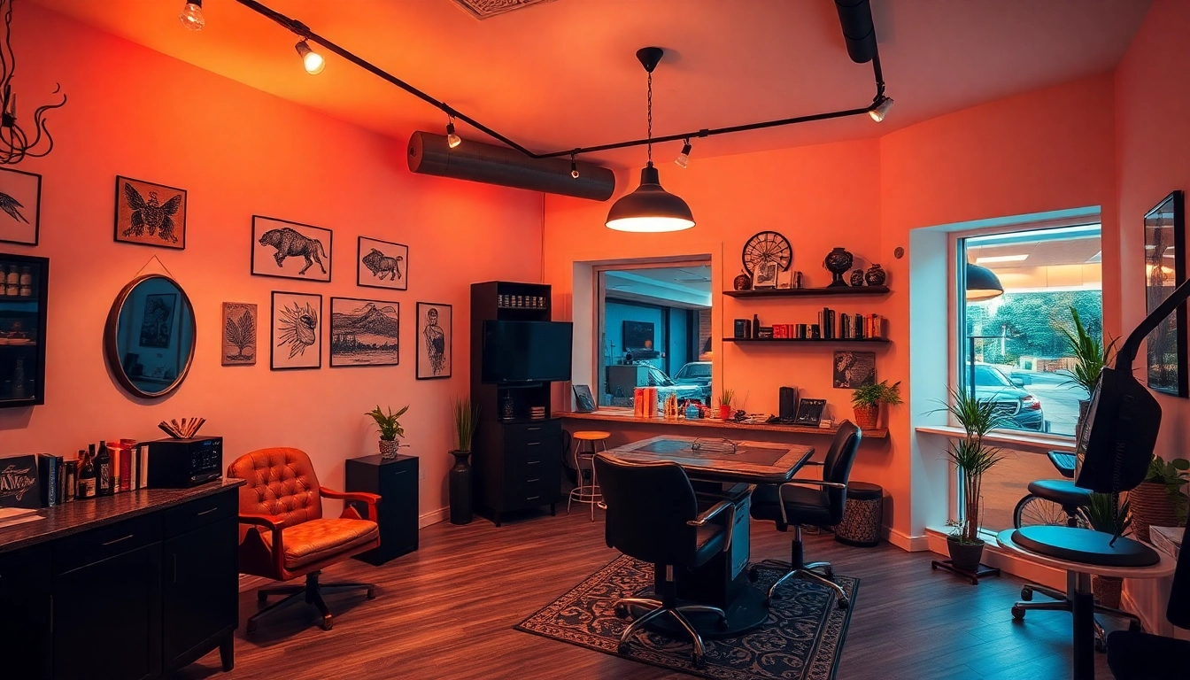 Tattoo Studio München mit künstlerischen Designs, warmem Licht und einladender Atmosphäre.
