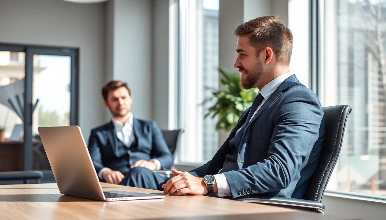 Personalberater Vertrieb in einem modernen Büro, der mit einem Bewerber spricht, professionell gekleidet mit Laptop.