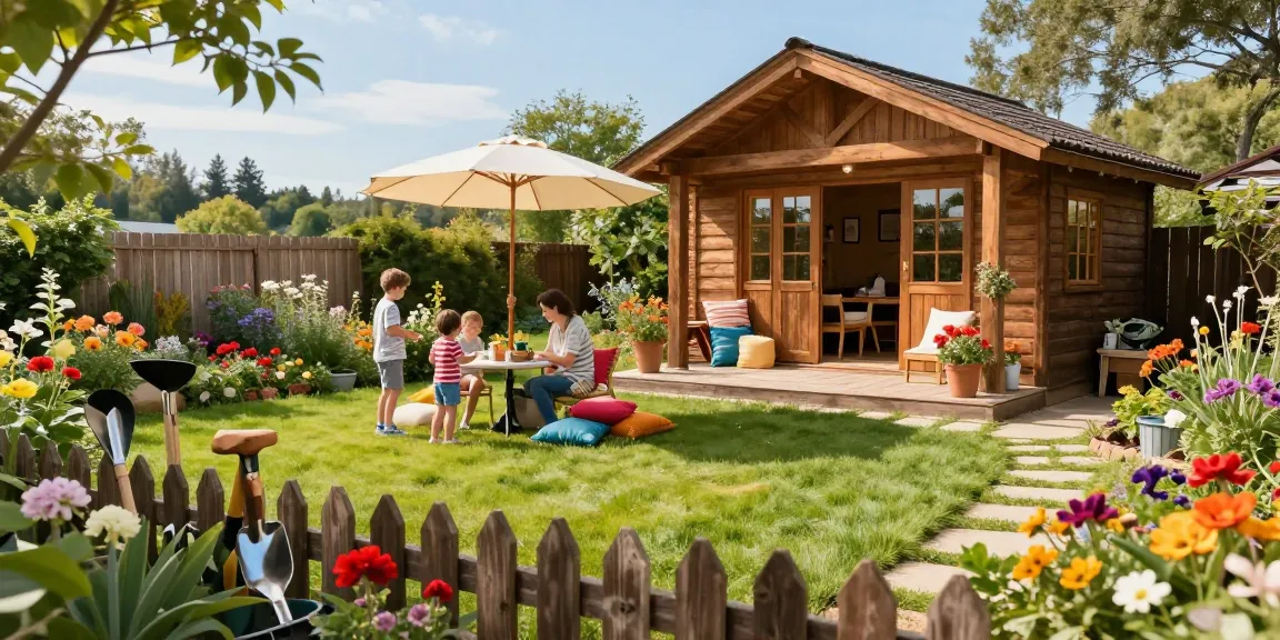Gartenhäuser aus Holz in lebendigem Blumengarten mit Familie und Spielzeug