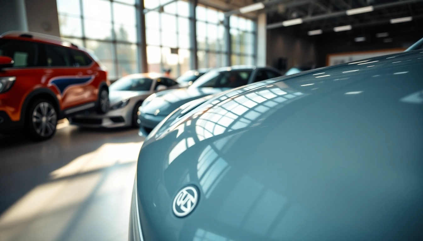 Auto kaufen in einer modernen Autodealer-Umgebung mit schimmerndem Auto im Fokus.