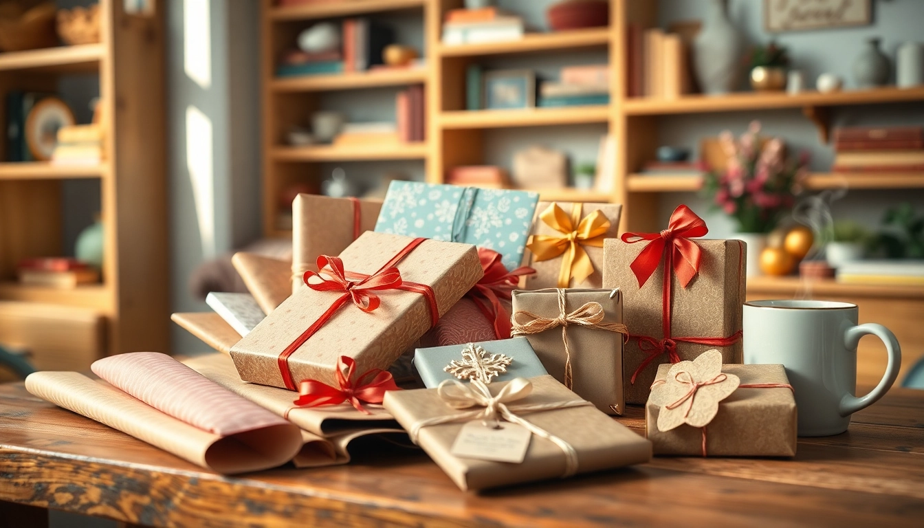 Ein kreatives Arrangement von Geschenkideen auf einem Holztisch mit buntem Geschenkpapier und kleinen Geschenkboxen.