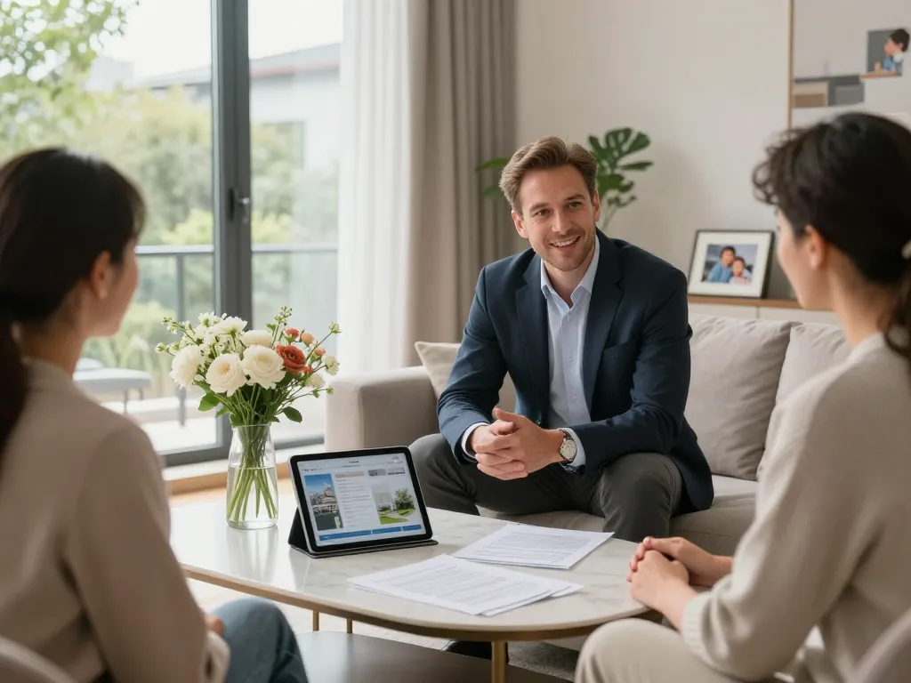 Immobilienmakler Frankfurt Riedberg präsentiert eine moderne Immobilie während einer Besichtigung mit Kunden in einem gemütlichen Wohnzimmer.