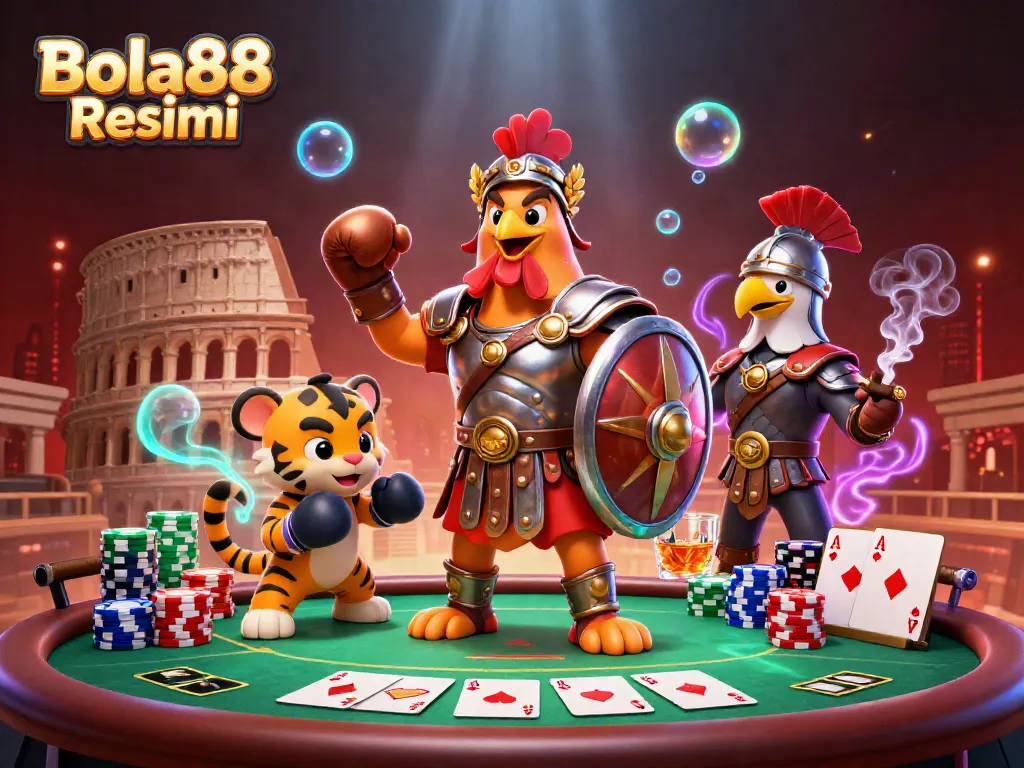 Bola88 Resmi features a lively colosseum scene showcasing a gladiator rooster, a tiger cub boxing, and poker elements.