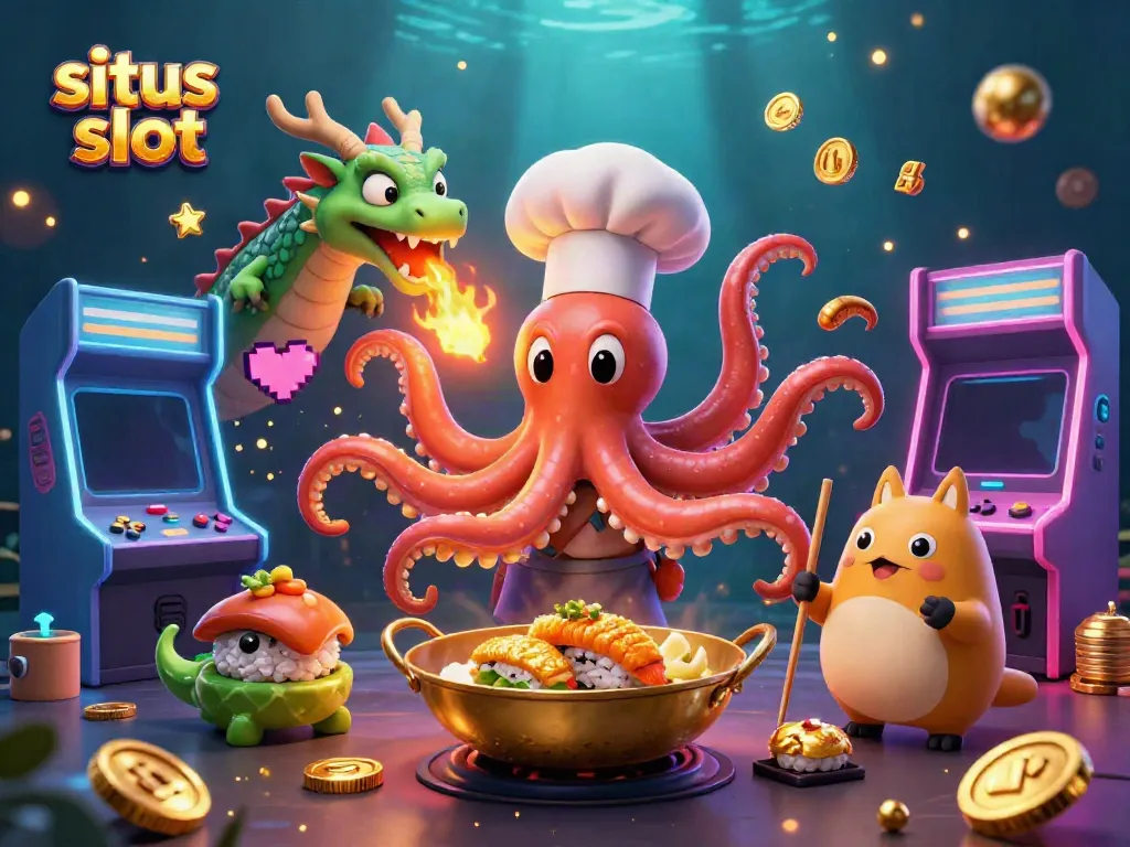 Experience high stakes action with our situs slot featuring vibrant casino elements, sushi chef octopus, dragon, and tanuki.