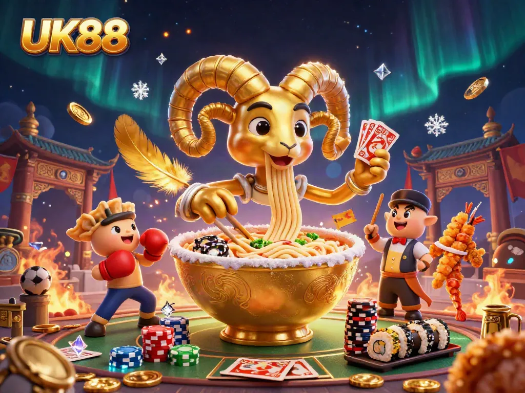 UK88 features a vibrant 3D illustrated scene with a golden ramen bowl, characters, and dynamic sports betting elements.