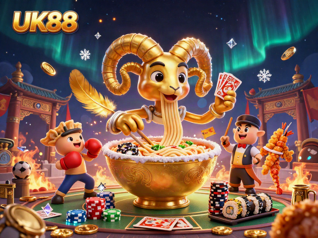 UK88 features a vibrant 3D illustrated scene with a golden ramen bowl, characters, and dynamic sports betting elements.