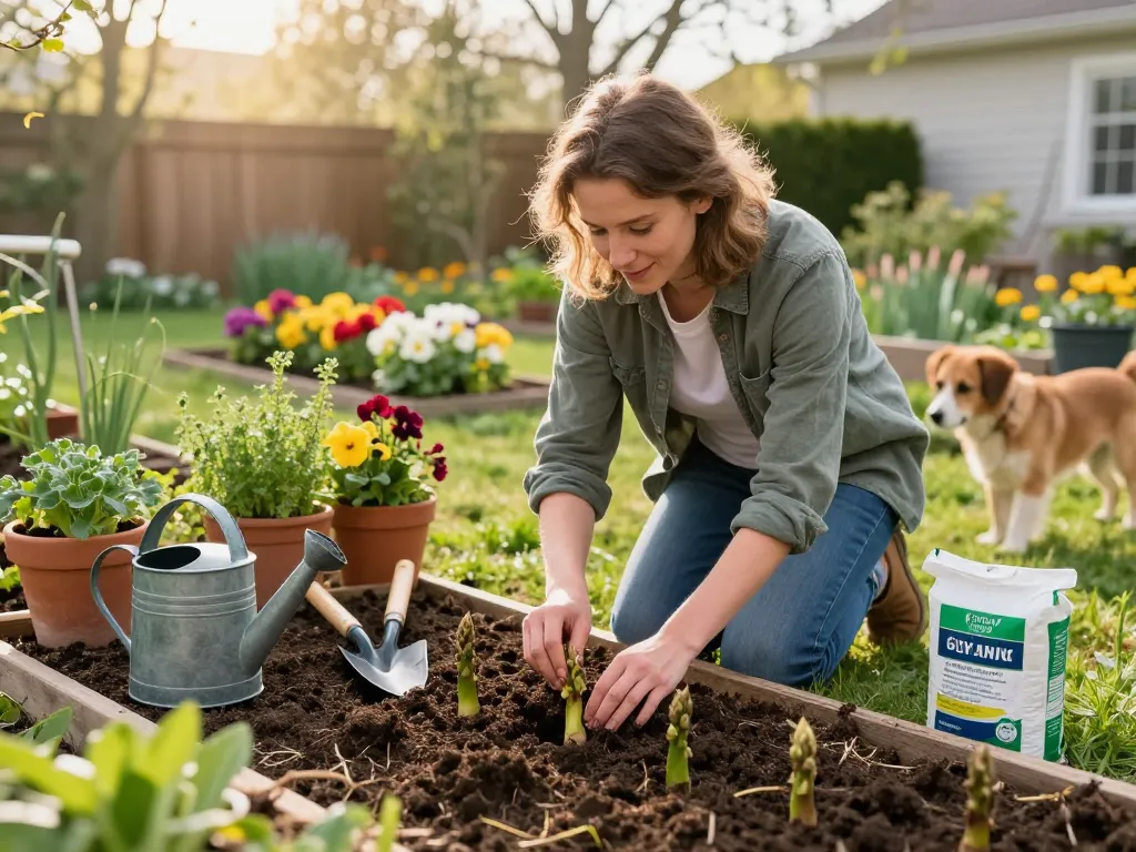Gardener planting Gijnlim green asparagus seedlings, nurturing grüner spargel pflanzen in a vibrant home garden.