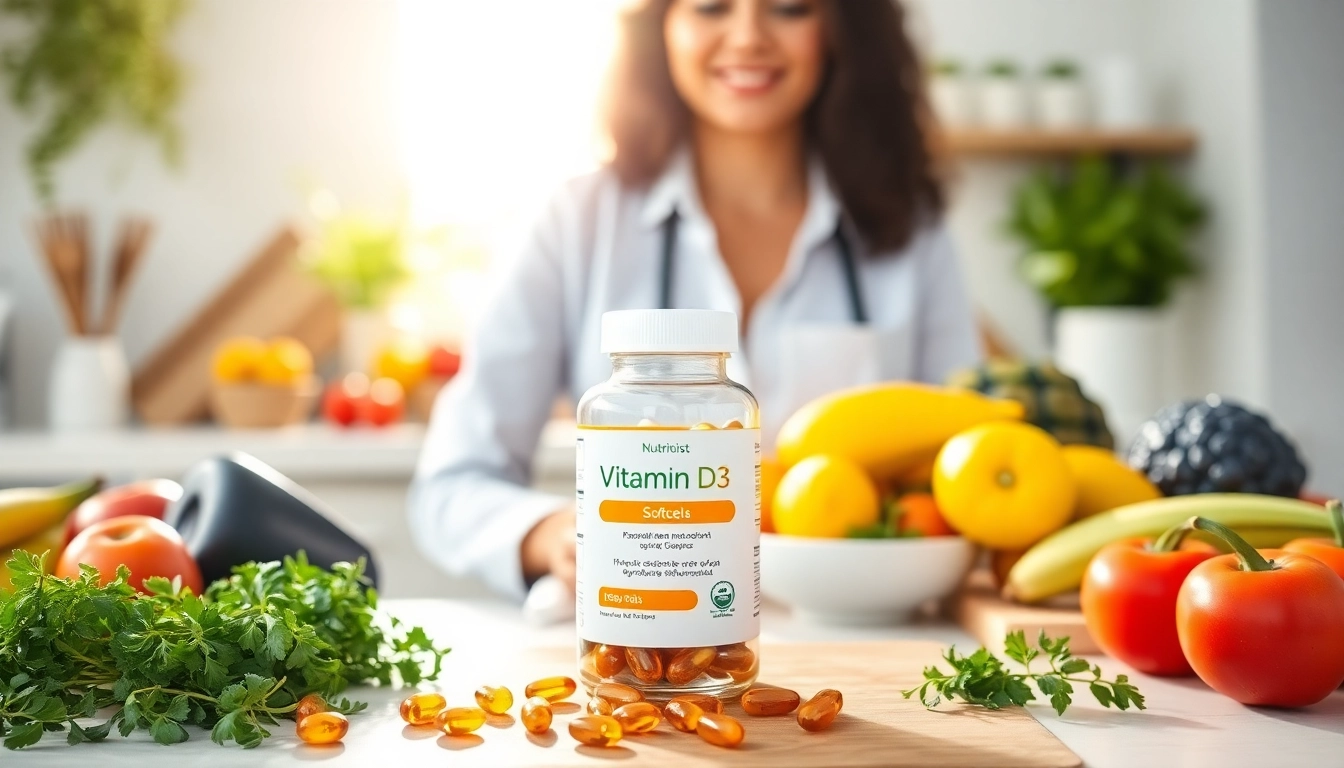 Vitamin D3 Vitamine in vegane Softgels, umgeben von frischen Kräutern und Obst
