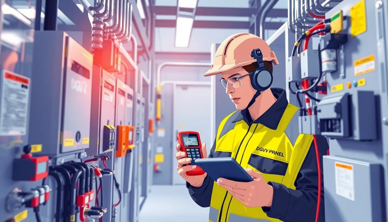 Technician performing DGUV V3 Prüfung on electrical devices, ensuring workplace safety and compliance.