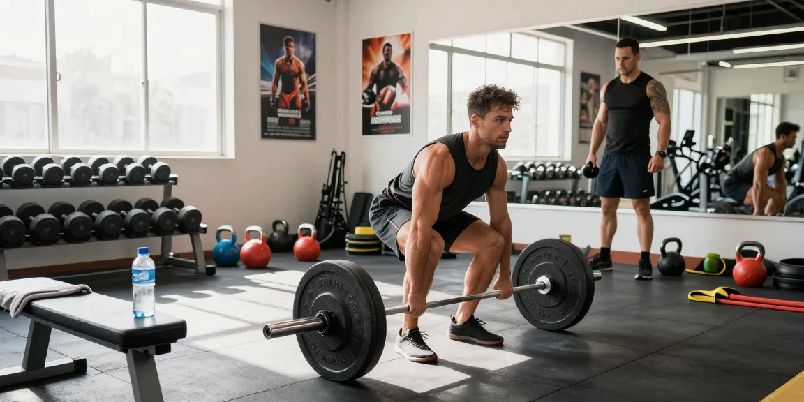 Anabolika Shop: Bodybuilder beim Workout im modernen Fitnessstudio, umgeben von Gewichten und motivierenden Postern.