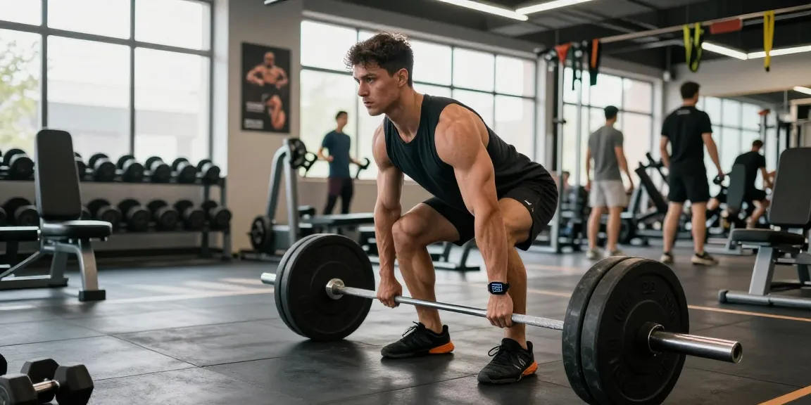 Kraftsportler hebt Gewichte in einem hellen Fitnessstudio bei Steroidshop und zeigt Hingabe und Fitness.