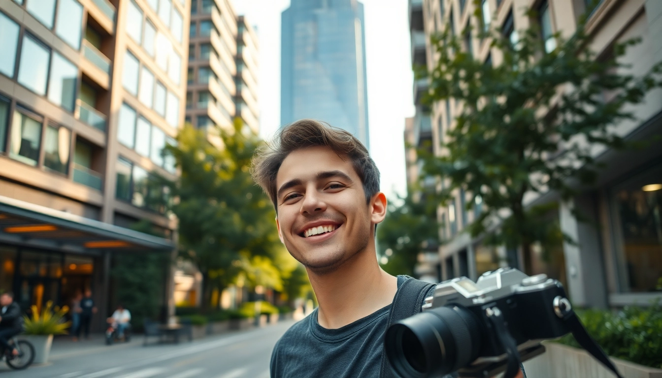 Fotograf für Tinder München fängt ein lächelndes Model in einem urbanen Münchner Setting ein.