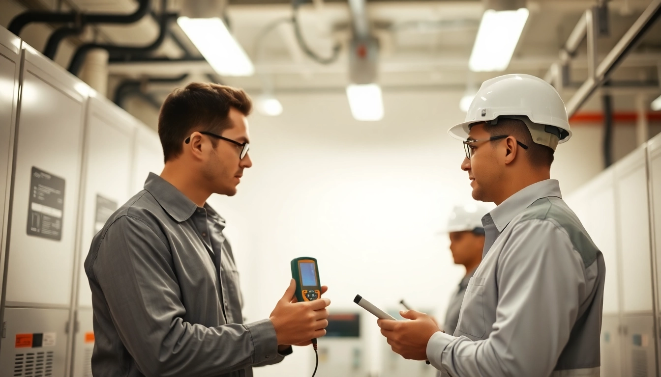 Inspectors conducting DGUV V3 Prüfung on electrical equipment in a safe work environment.
