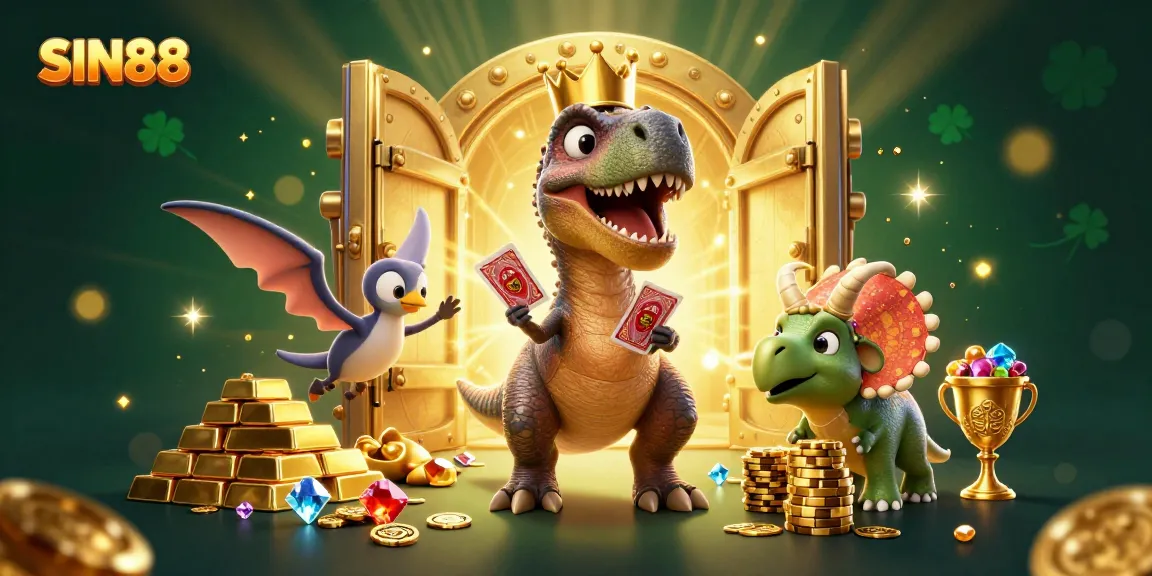 SIN88 illustration showcasing a T-Rex playing cards while stacking golden chips in a vibrant casino scene.