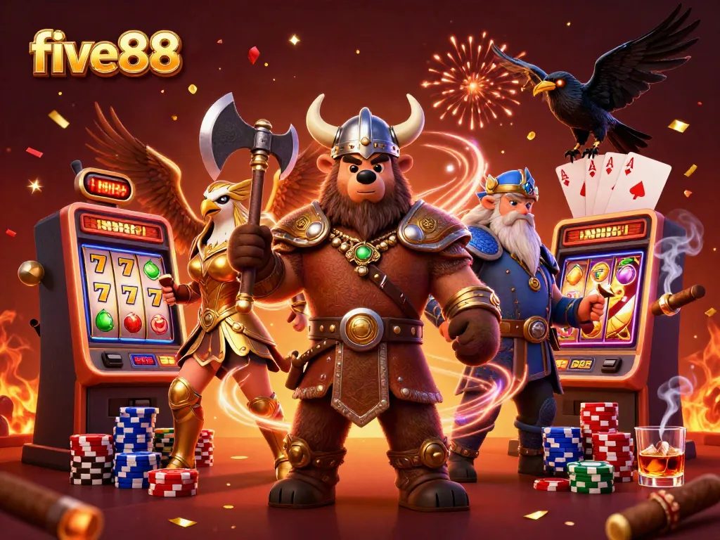 Engage with five88's thrilling slot experience amidst vibrant characters and dynamic casino elements.
