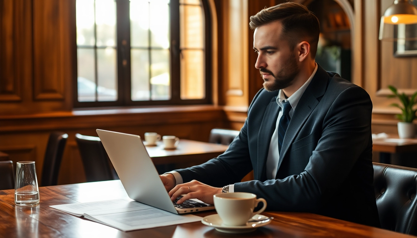 Headhunter Gastronomie arbeitet konzentriert in einem Restaurant mit Laptop und Akten.