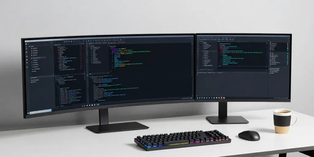 gg als Abkürzung für Softwareentwicklung auf einem modernen Arbeitsplatz mit Computer und Tastatur.