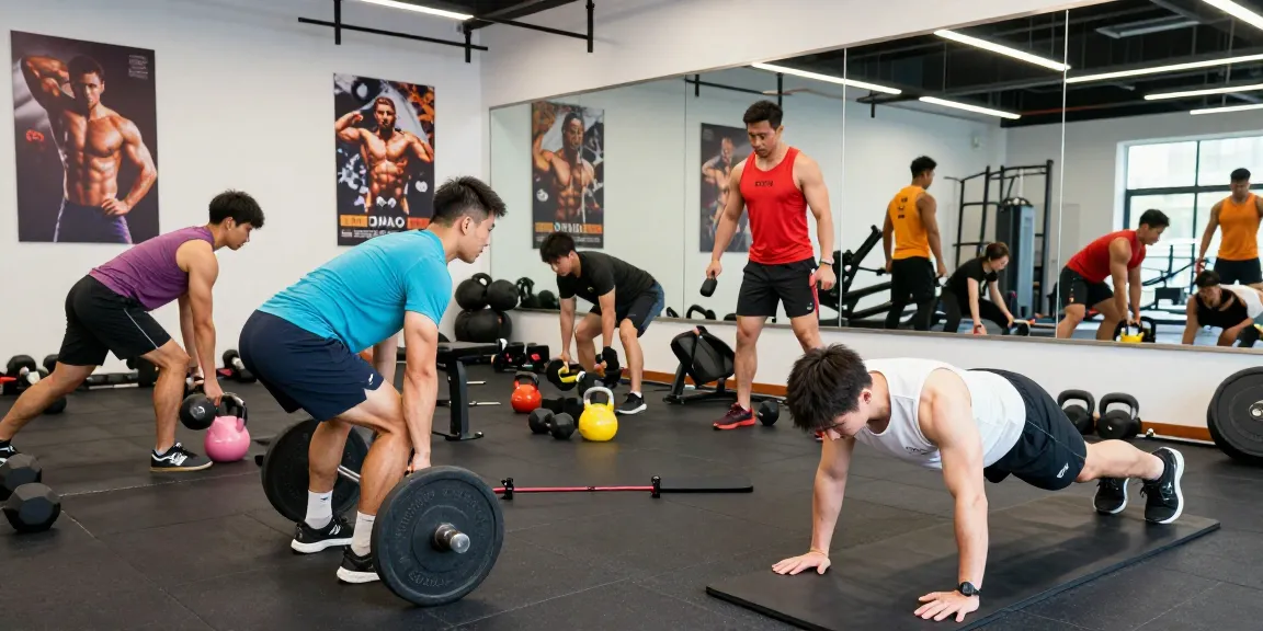 Dynamische Fitnessszene, die Anabolika Shop Deutschland repräsentiert, mit Personen, die aktiv an verschiedenen Workouts teilnehmen und Motivation sowie Energie zeigen.