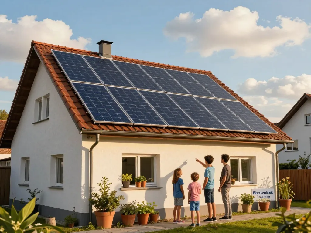 Familie bespricht die Vorteile von Photovoltaik Bayern mit Solarpanelen auf einem bayerischen Haus.