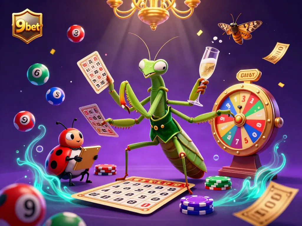 Experience the vibrant world of 9bet with dynamic lottery elements and engaging casino characters.