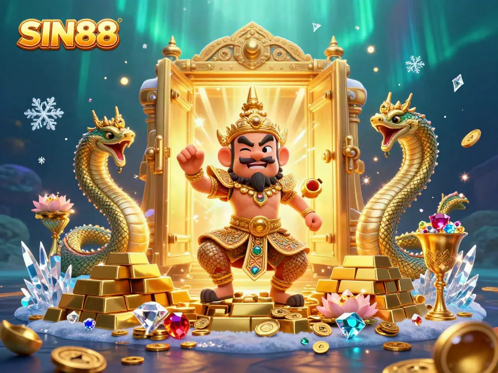 SIN88 online gaming illustration featuring a temple guardian with Naga companions surrounded by treasures.
