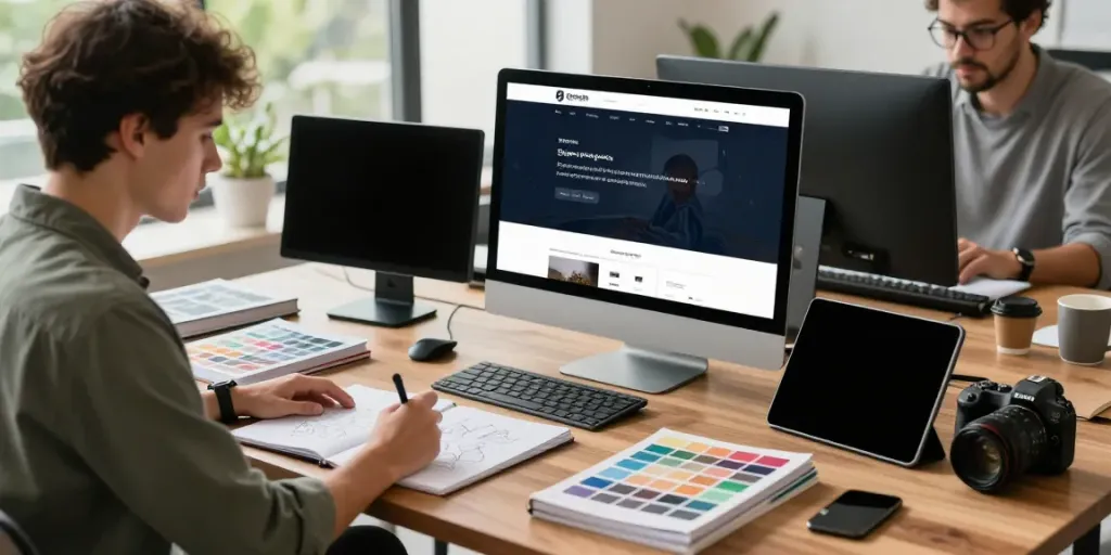 Webdesign Saarland: Kreative Webdesigner arbeiten an modernen Webseiten-Layouts in inspirierendem Studio.