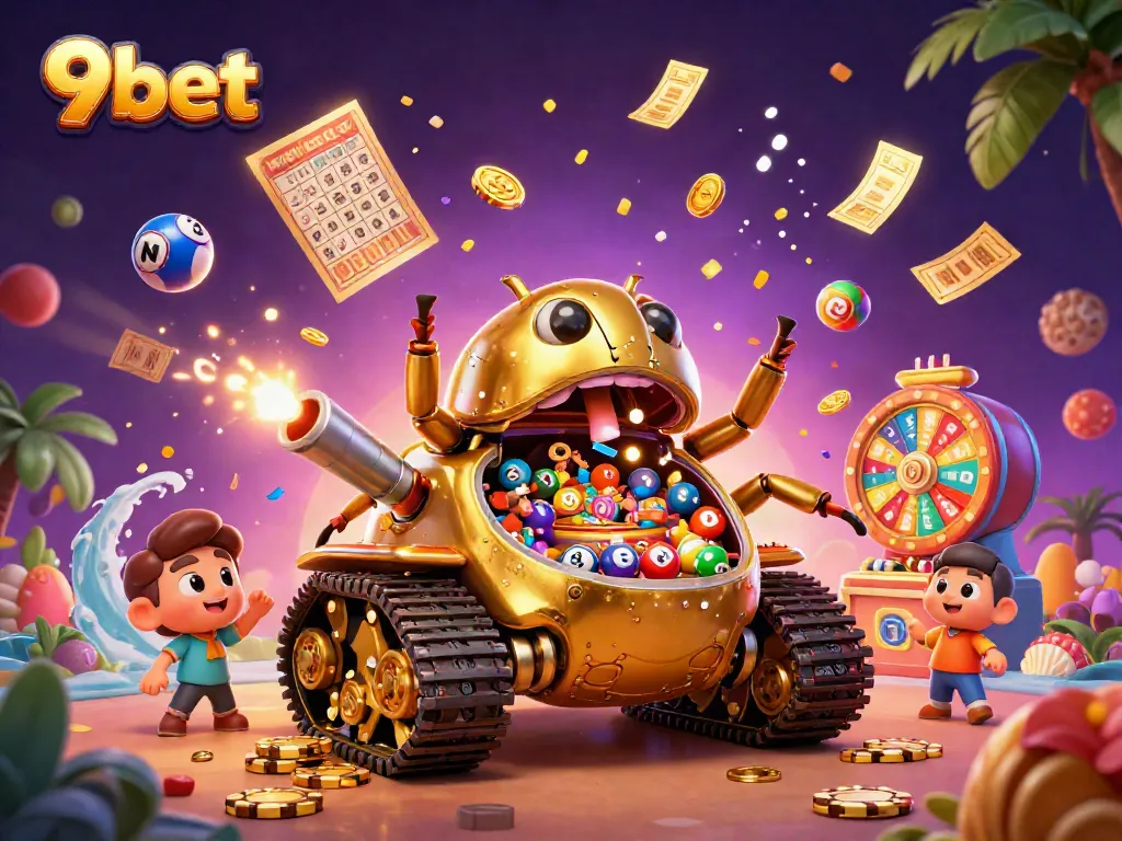 Engage with 9bet's vibrant casino experience featuring a golden beetle tank and colorful game elements.