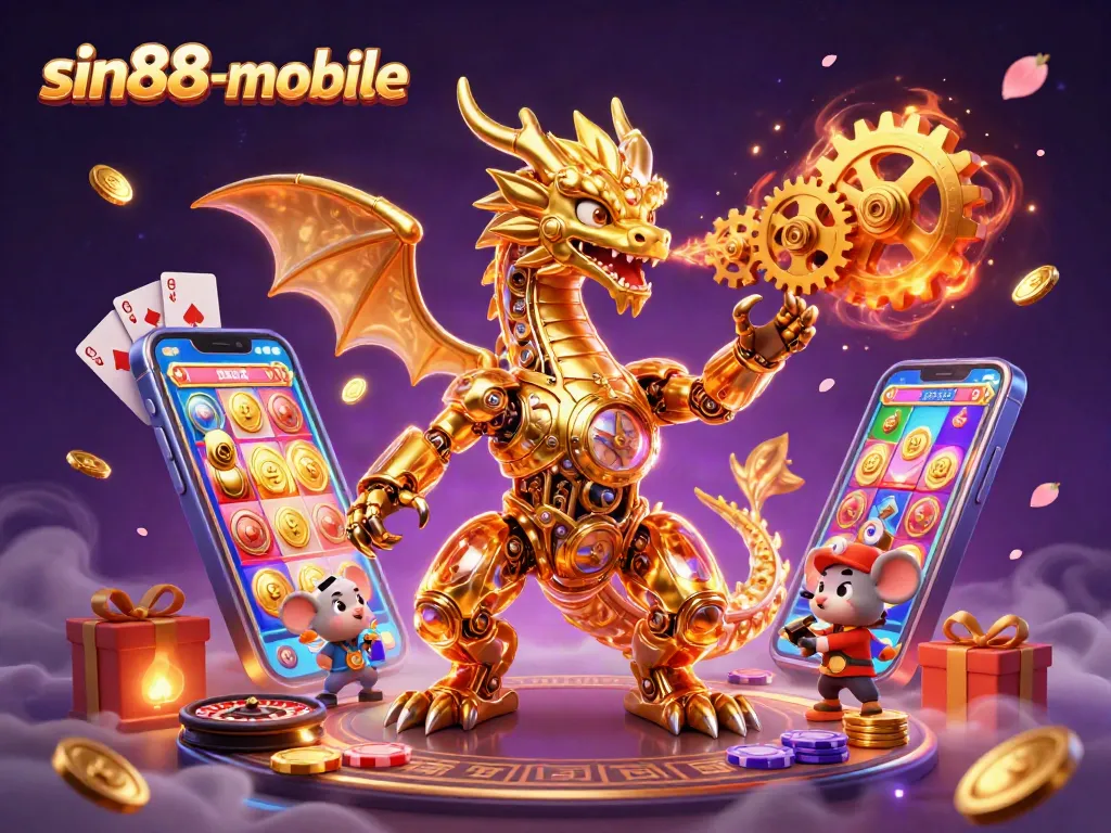 Experience thrilling gameplay at sin88-mobile with a dragon breathing cogs amidst exciting casino elements.