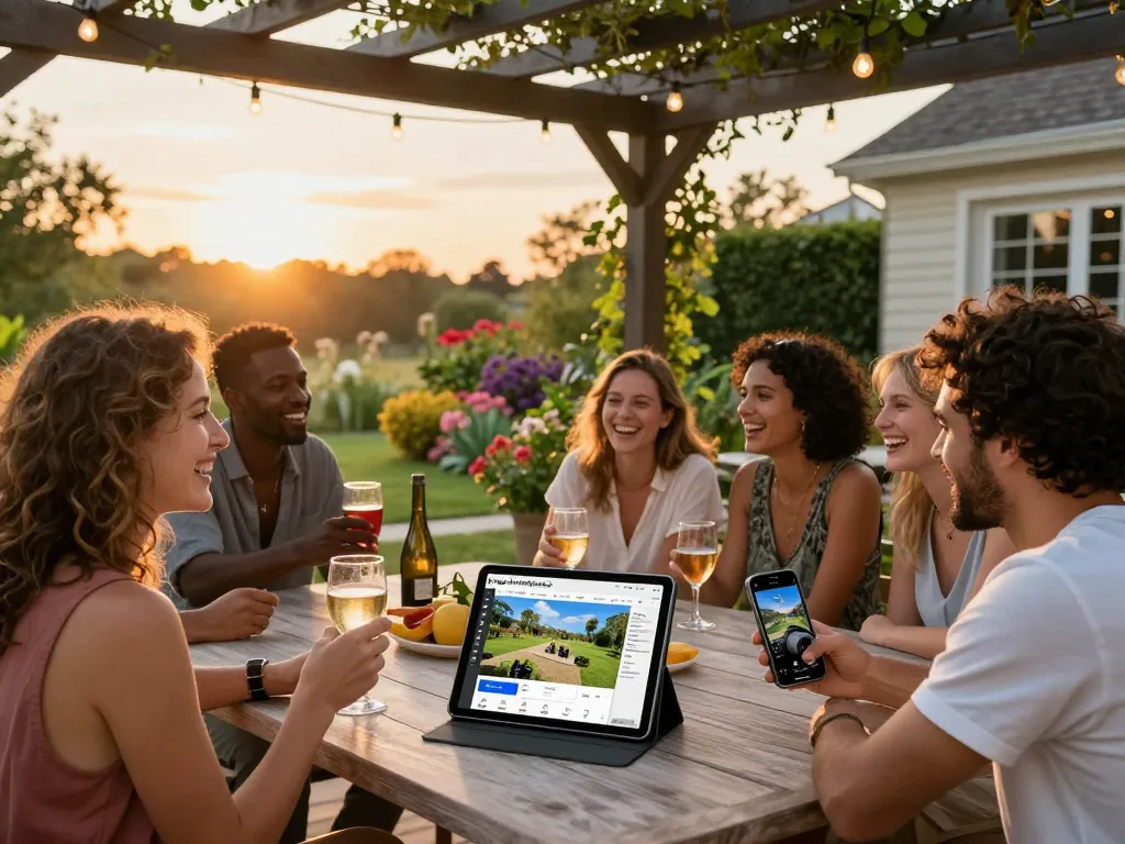 Versammeln Sie Freunde unter einem maßgeschneiderten Pergola Konfigurator 3D und genießen Sie Drinks in einer lebhaften Gartenumgebung.
