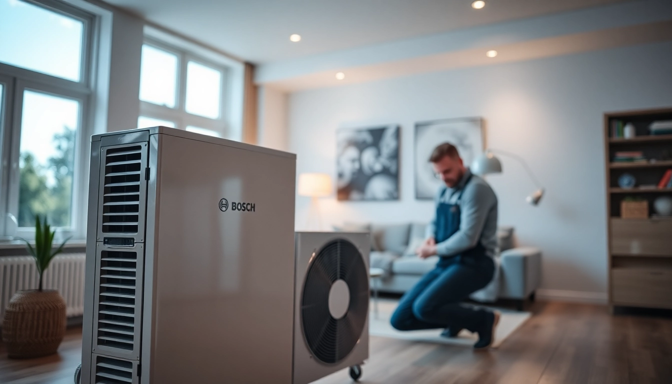 Installieren einer wärmepumpe bosch in einem modernen Zuhause mit einem Techniker bei der Arbeit.