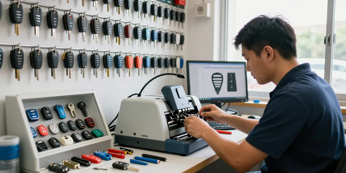 Autoschlüssel nachmachen in professionellem Schlüsseldienst mit Technikern bei der Arbeit