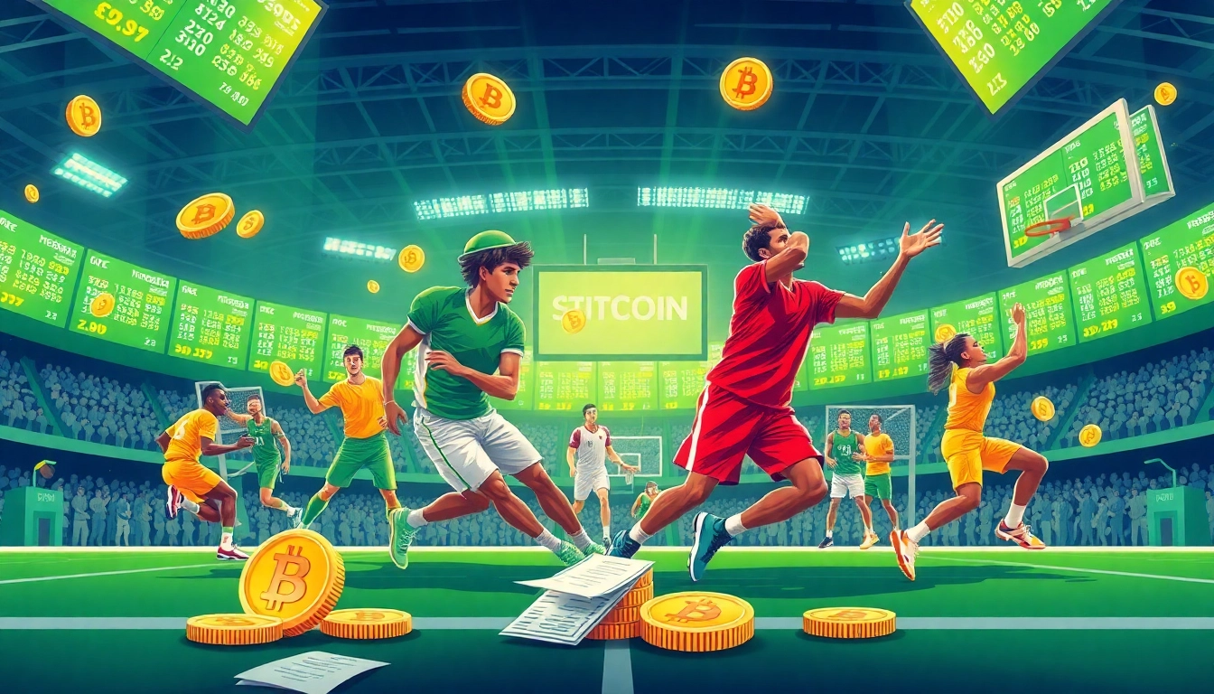 Experience the thrill of sports betting with bitcoin in a vibrant digital illustration showcasing dynamic actions and betting elements.