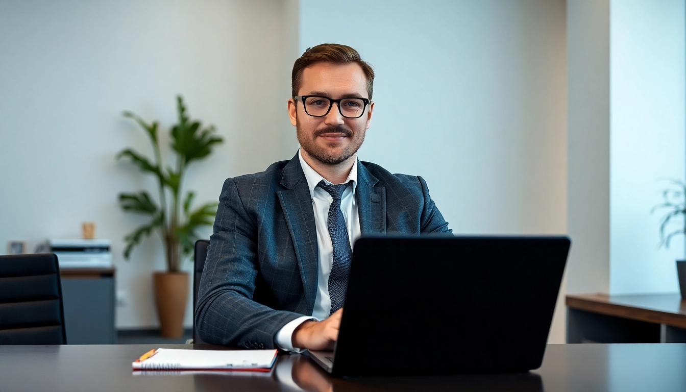 Headhunter Geschäftsführer im modernen Büro, fokussiert am Laptop tätig.