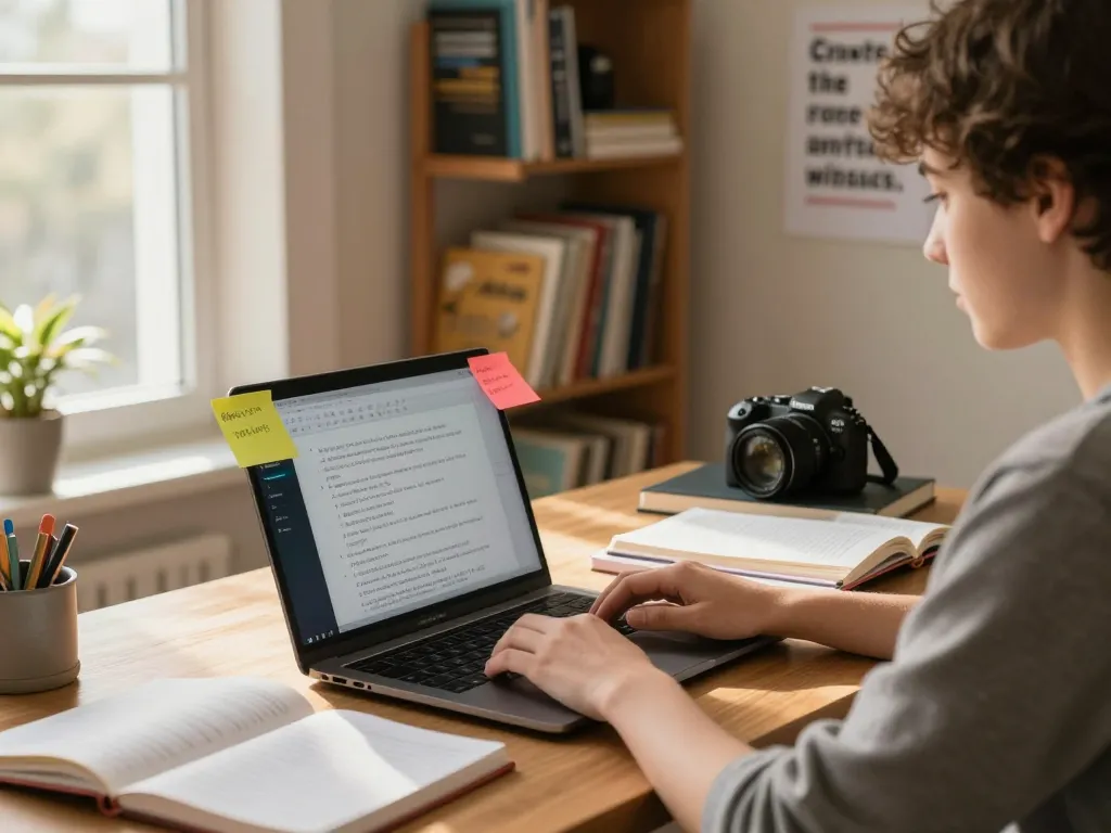 Engagierter Student, der Hausaufgaben Löser KI auf dem Laptop in einer gemütlichen Studienumgebung nutzt.