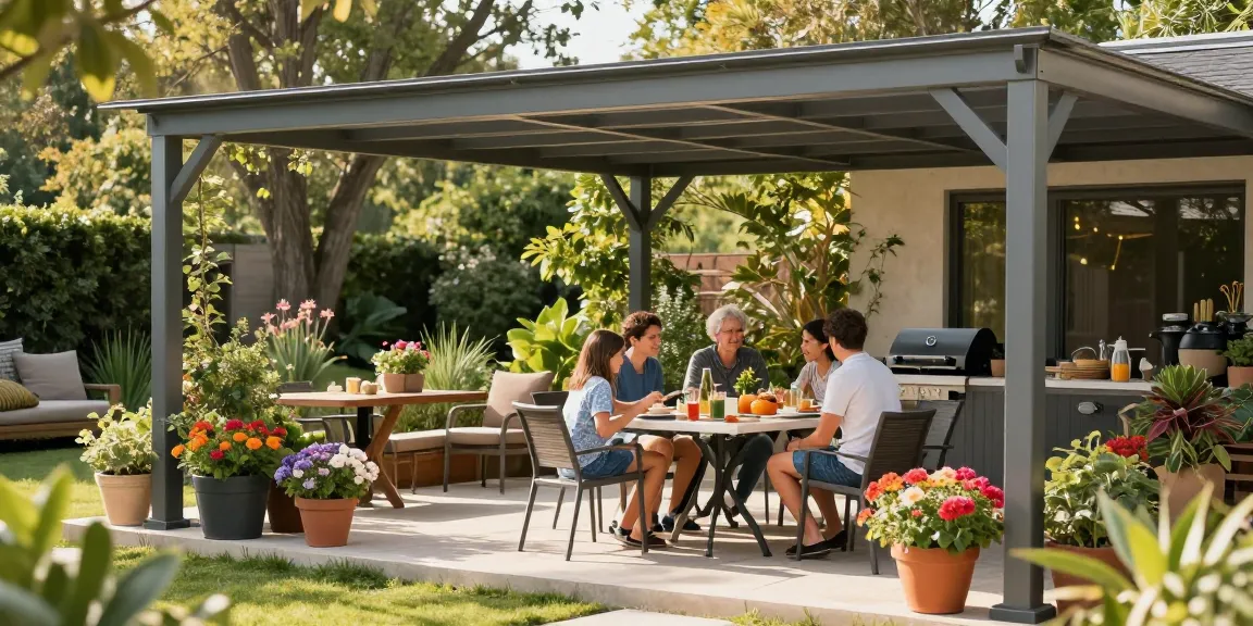 Freistehende Terrassenüberdachung im Garten mit Familie und sonniger Atmosphäre