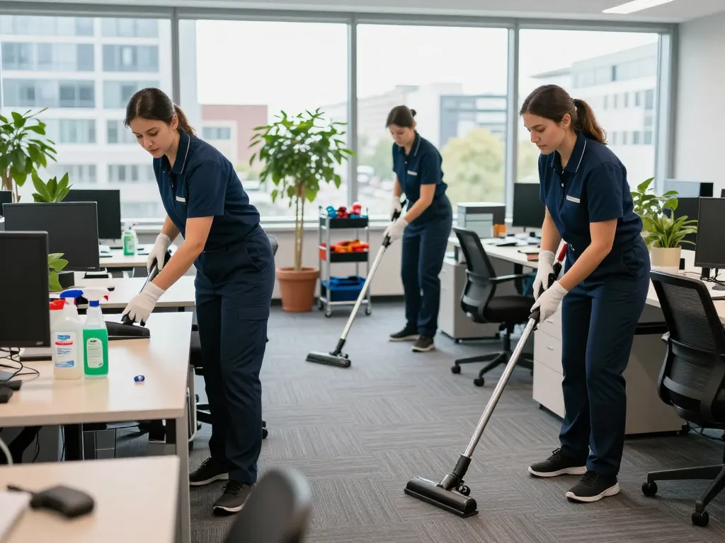 Professionelles Reinigungsteam bietet Gebäudeservice in Münster in einer hellen Büroumgebung, zeigt Reinigungsmittel und einen aufgeräumten Arbeitsplatz.