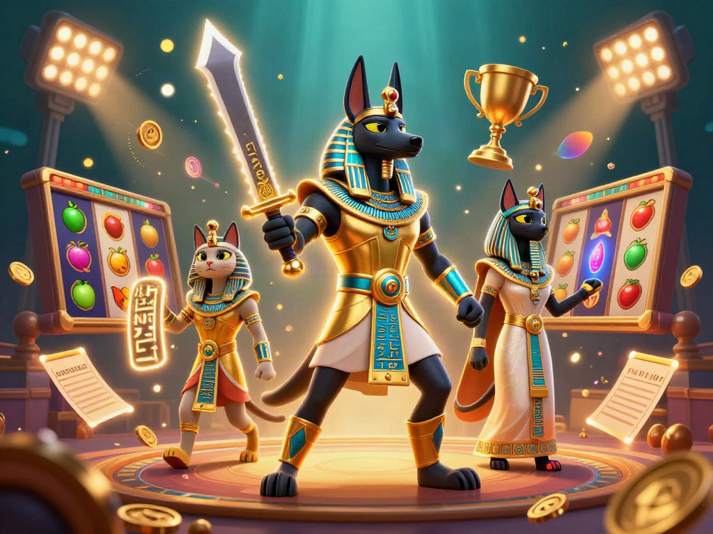 Engage in thrilling gameplay at caswinos with a dynamic casino scene featuring Anubis and Bastet surrounded by slot reels.
