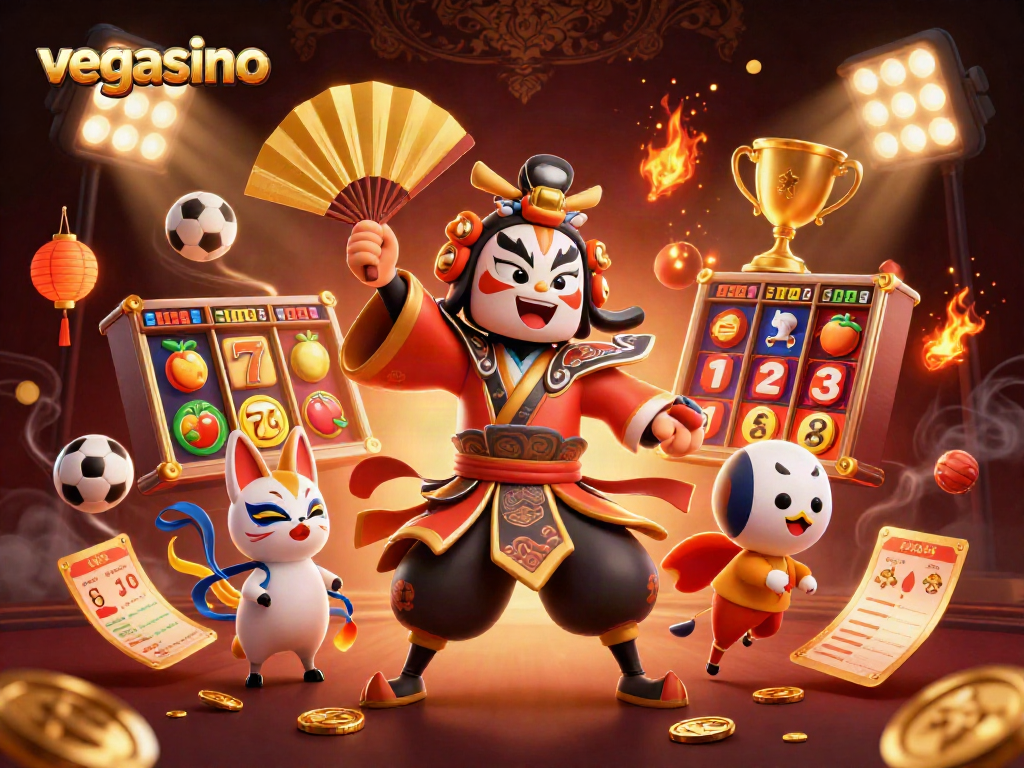 Play exciting games at vegasino with a kabuki warrior amidst slots and vibrant casino elements