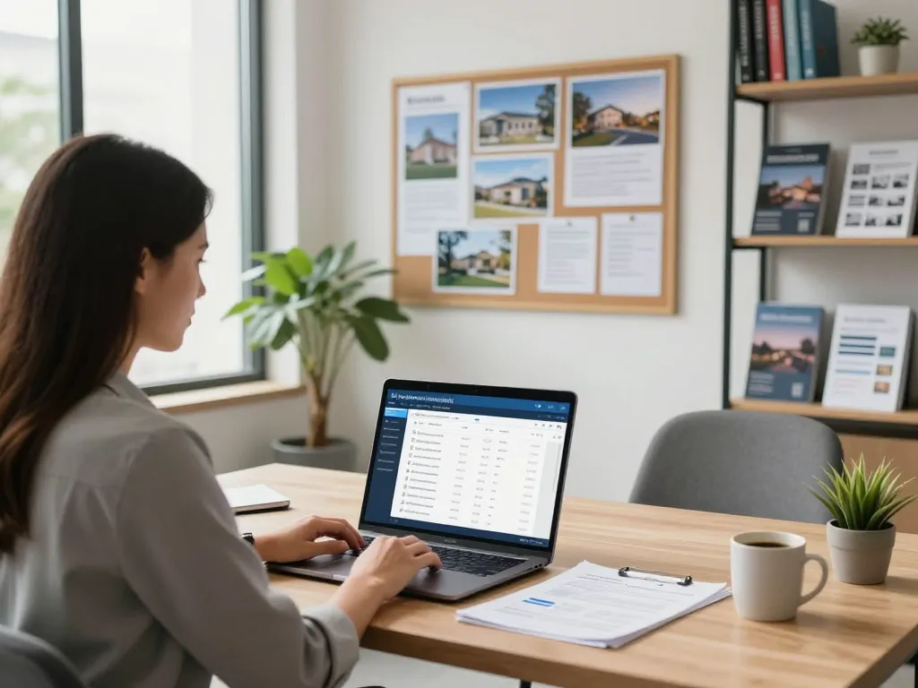 Gestionnaire de propriété utilisant une application de gestion immobilière dans un cadre de bureau moderne.