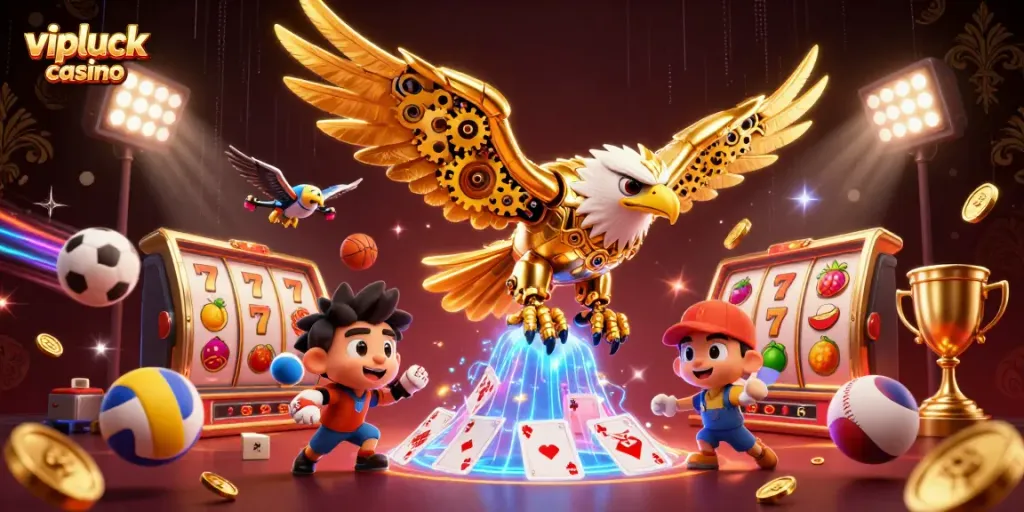 Experience the thrill of vipluck casino with a cartoon eagle soaring through vibrant slot reels and sports elements.