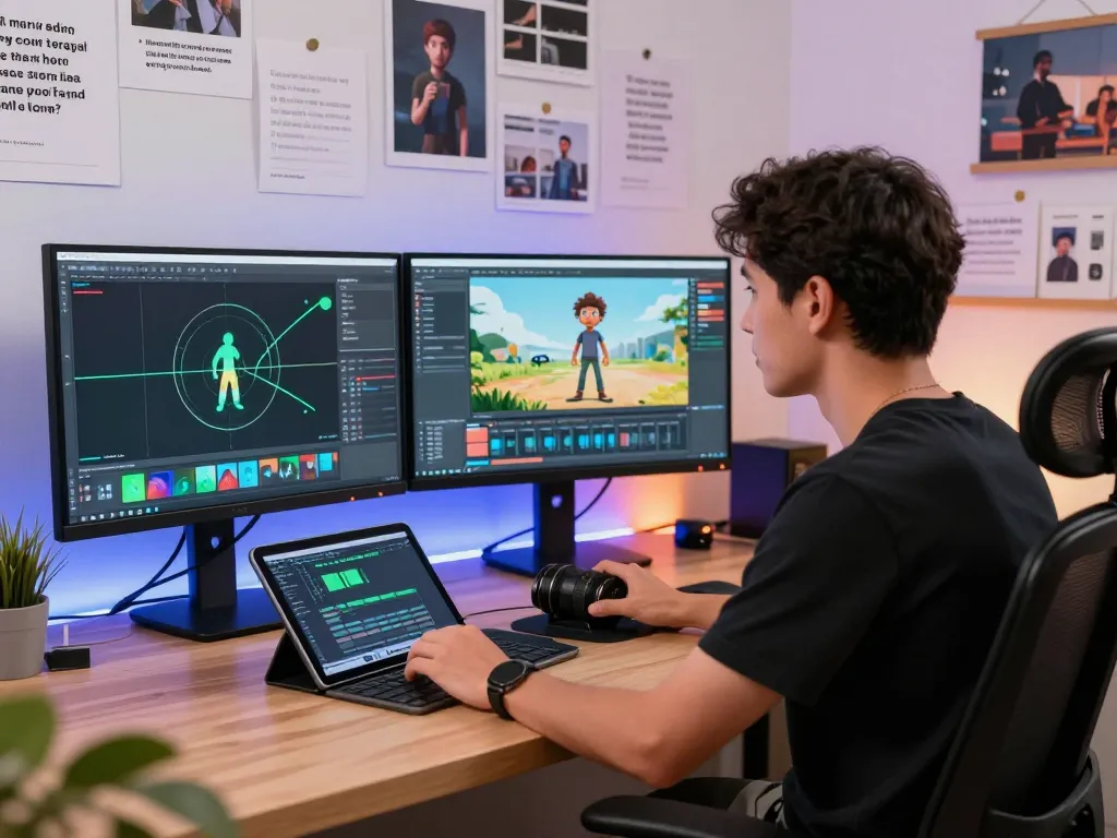 Creative professional using motion control technology to animate dynamic characters in an engaging digital workspace.