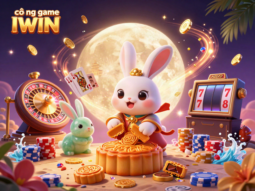 Join the thrilling adventure at cổng game IWIN where the moon rabbit reveals poker chips amid stunning casino elements.