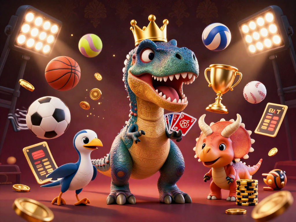 Play alongside TA88's friendly T-Rex and friends in a dynamic casino scene.