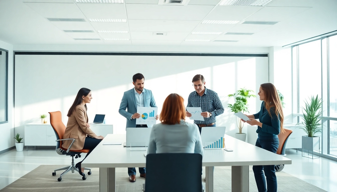 Unternehmensberatung in action with a diverse team discussing analytics in a modern office.