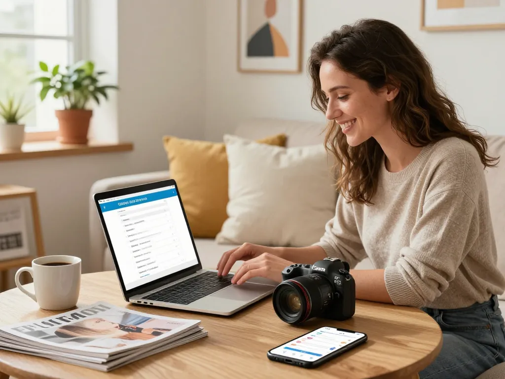 Fröhliche Frau, die in einem gemütlichen Zuhause nach sofort lieferbaren Produkten shoppt, Laptop umgeben von stilvoller Dekoration.