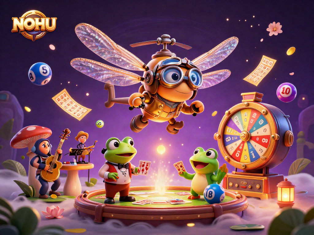 Experience the thrilling games of NOHU with vibrant casino elements and engaging characters in a 3D illustration.