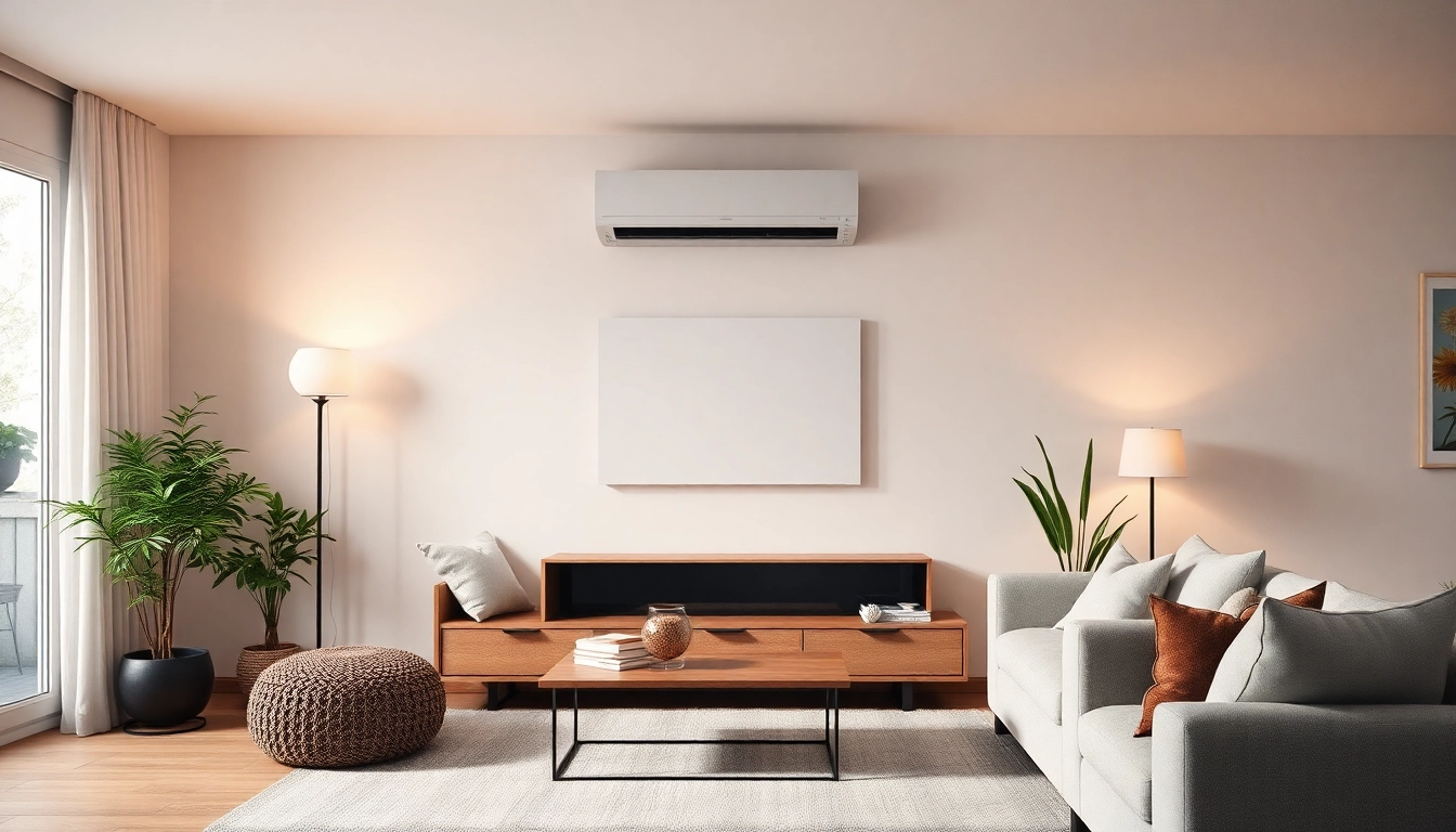 Klimaanlage installieren in einem stilvollen Wohnzimmer mit modernen Einrichtungselementen und natürlichem Licht.