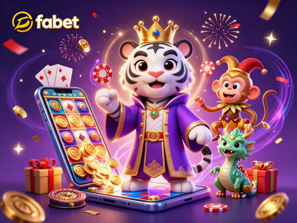 Engage in thrilling gaming with fabet as a majestic tiger, jester monkey, and jade dragon animate a vibrant casino scene.